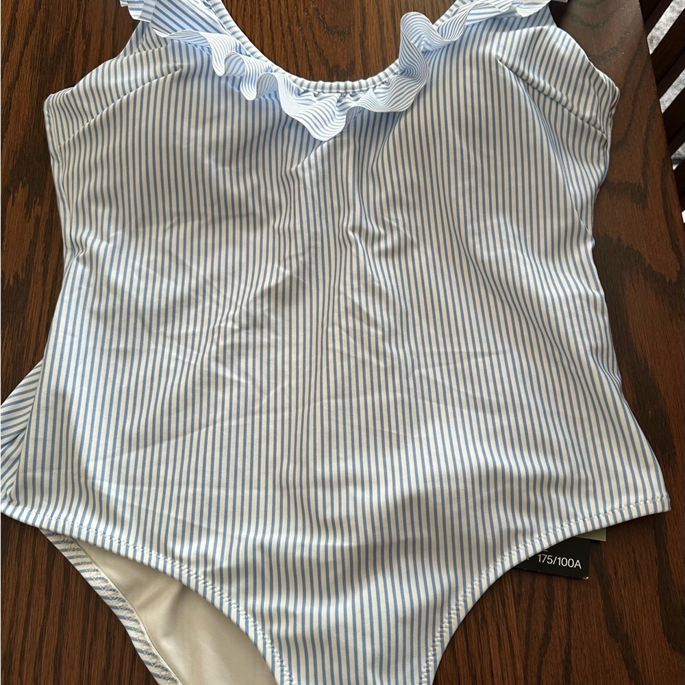 Blue and White Striped Ruffle Swimsuit